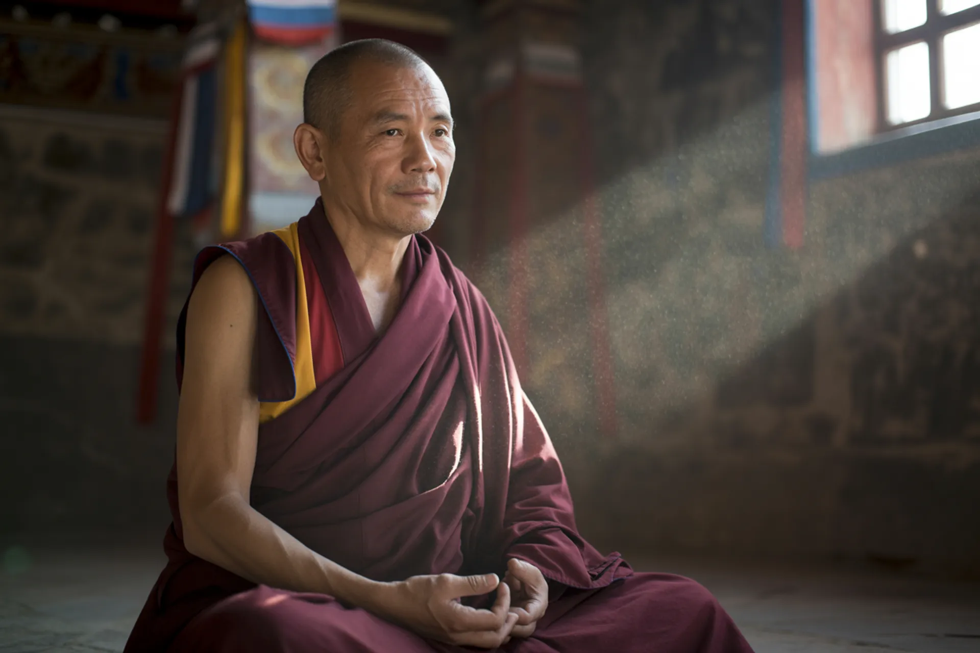 Monje budista tibetano meditando en la montaña