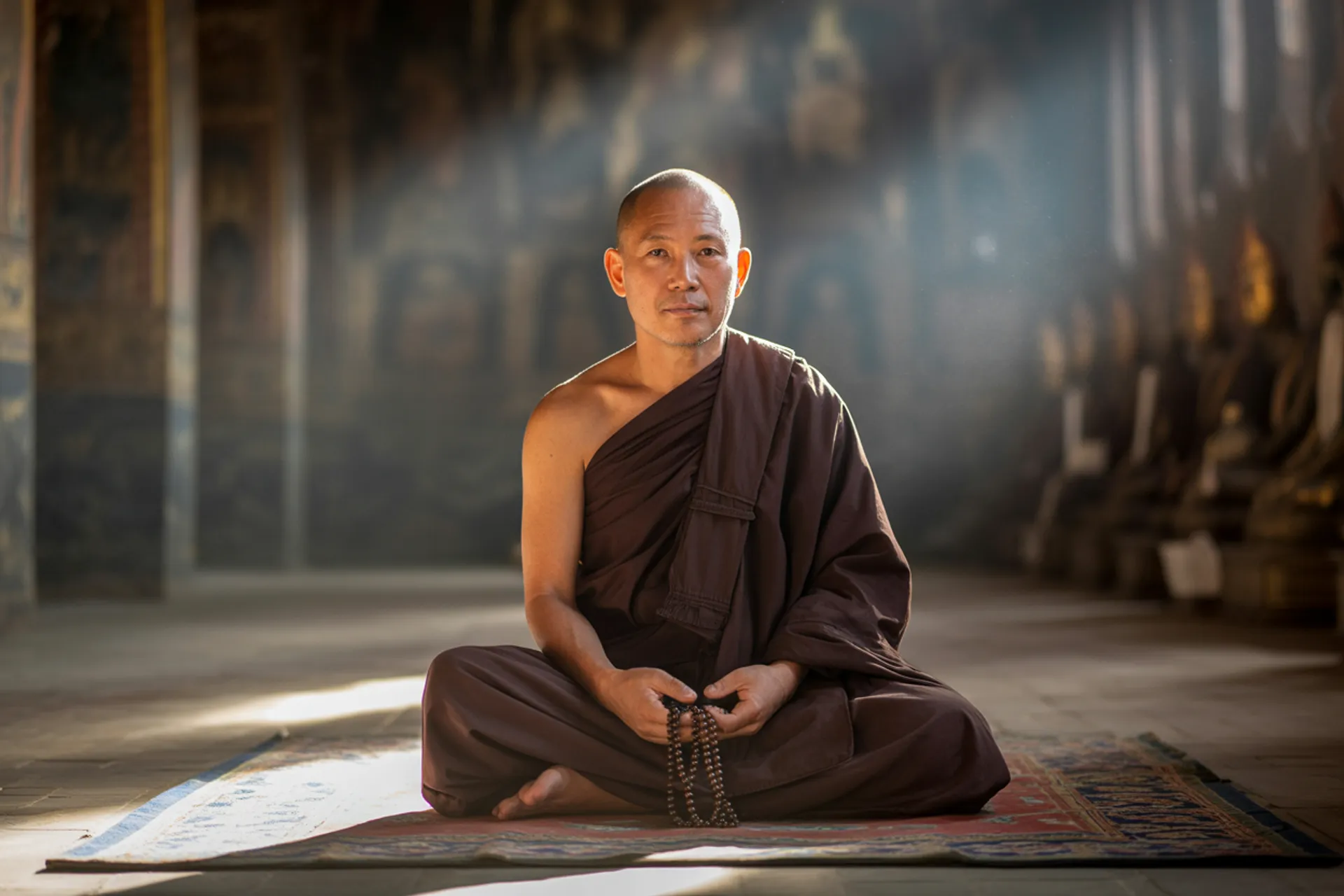 Monje Zen meditando frente a un jardín japonés contemplando un kōan escrito en caligrafía