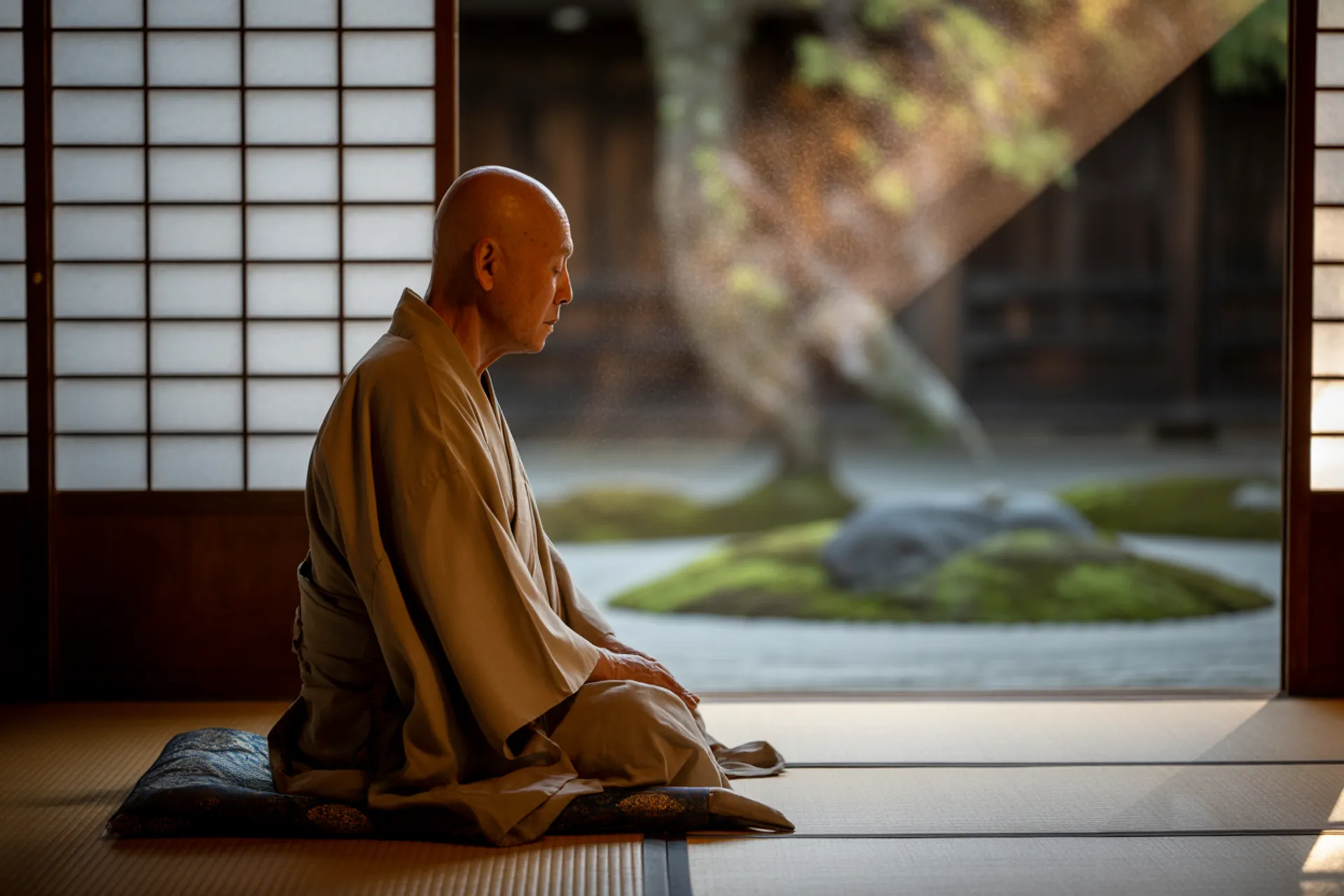 Monje zen meditando en un jardín japonés