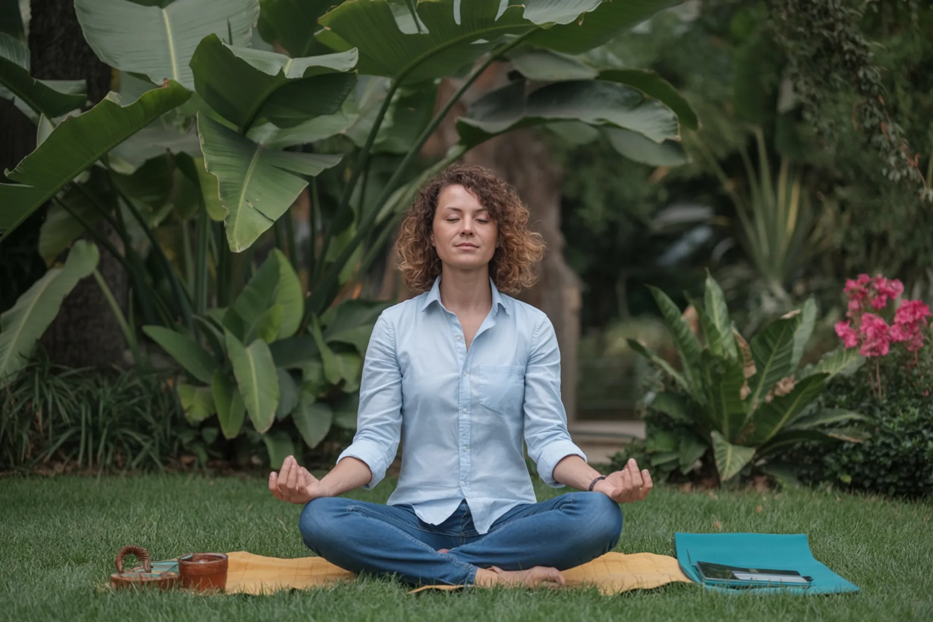 Persona meditando en postura de loto al amanecer