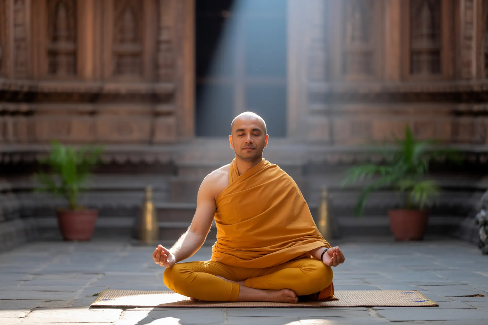 Persona meditando en postura de yoga en un lugar sagrado de la India, simbolizando el retiro sensorial de Pratyahara
