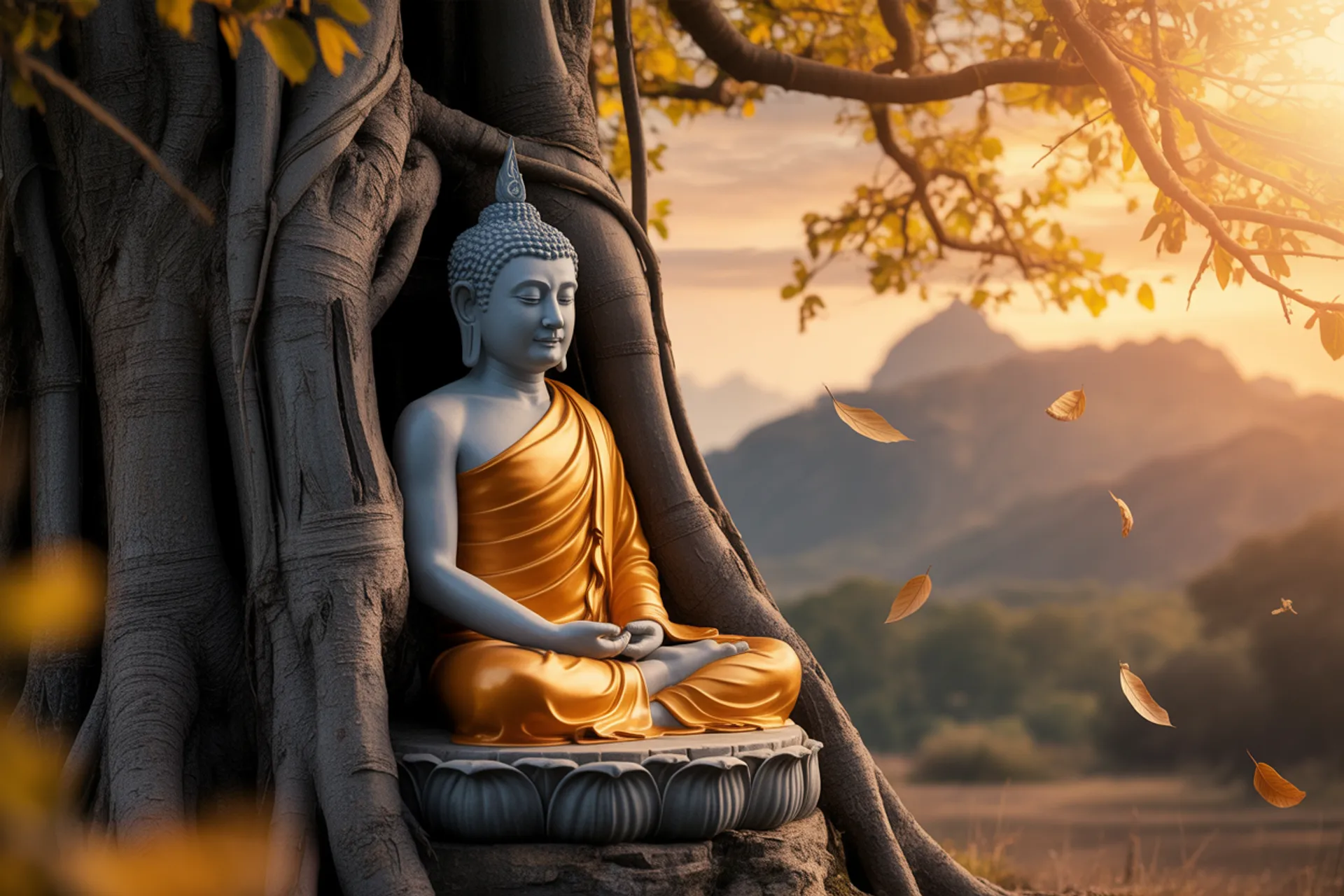 Estatua de Buda en postura de meditación rodeada de luz, simbolizando desapego y libertad interior
