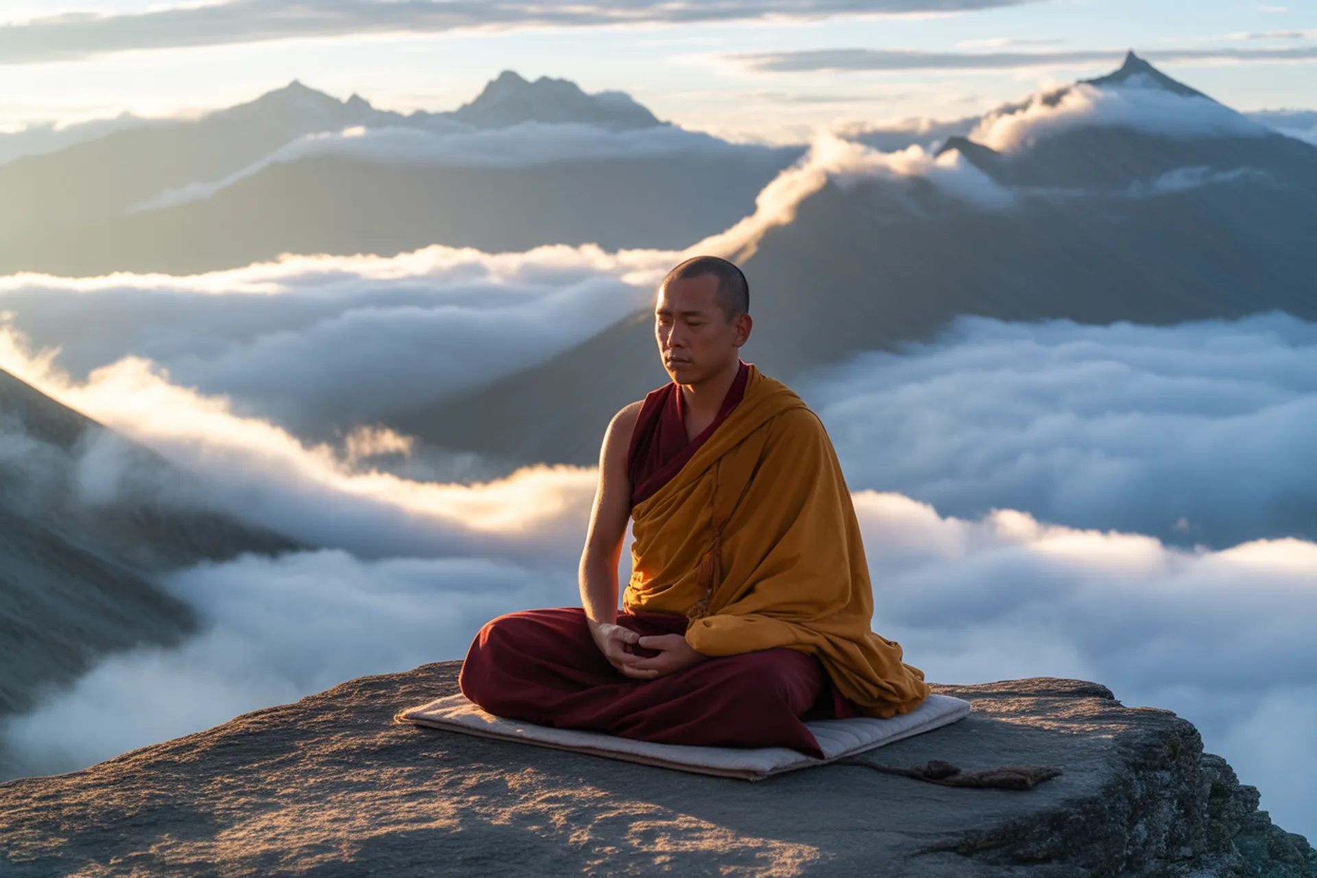 Monje tibetano meditando frente a las montañas