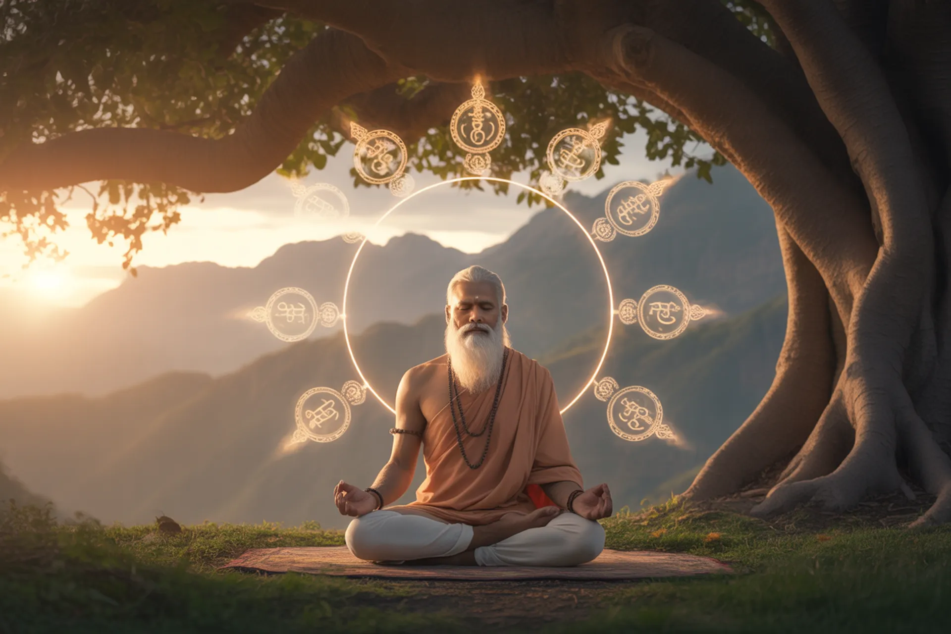 Meditador en postura de loto al amanecer sobre una montaña, simbolizando la realización del Ser según el Vedanta
