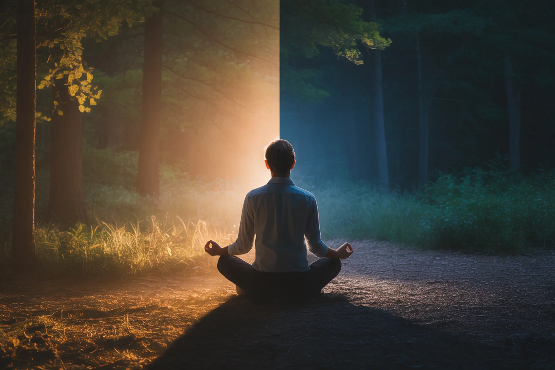 Silueta de una persona meditando al atardecer, representando la integración de la sombra