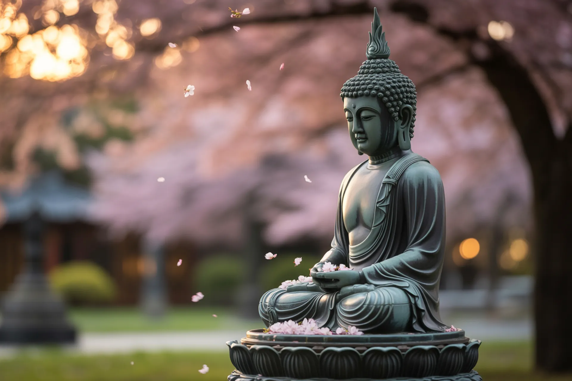 Estatua de Buda con hojas caídas, simbolizando la impermanencia